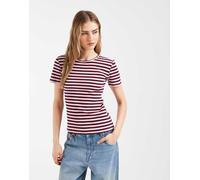 Pieces - T-shirt a maniche corte a coste rosa e bordeaux a righe-Rosso L