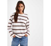 Pieces - T-shirt a maniche lunghe oversize stile rugby color cioccolato a righe multicolore-Marrone XXL