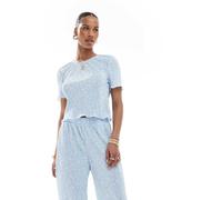 Pieces - T-shirt baby plissé blu a fiorellini in coordinato L