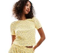 Pieces - T-shirt baby plissé gialla a fiorellini in coordinato-Giallo XL