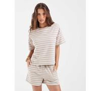 Pieces t-shirt in felpa squadrata coordinato a righe beige e bianche-Bianco XL