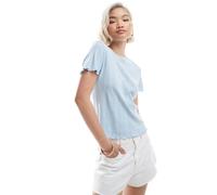 Pieces - T-shirt traforata azzurra con dettagli smerlati-Blu XS