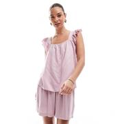 Pieces - Top a canottiera in misto lino rosa alba con manica con volant in coordinato XS