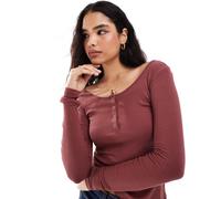 Pieces - Top a maniche lunghe a coste con bottoni a pressione colore speziato-Rosso XL