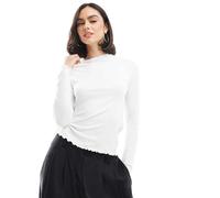 Pieces - Top a maniche lunghe bianco a coste con bordi smerlati XXS