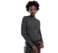 Pieces - Top a maniche lunghe in maglia a coste con glitter argentato-Argento M