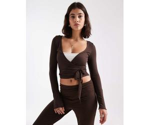 Pieces - Top a portafoglio stile balletto marrone cioccolato in coordinato M