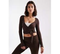 Pieces - Top a portafoglio stile balletto marrone cioccolato in coordinato XS