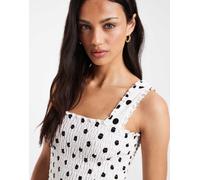 Pieces - Top a punto smock bianco e nero a pois con spalline larghe XXL
