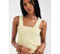 Pieces - Top a punto smock con spalline larghe giallo pastello a fiorellini in coordinato L
