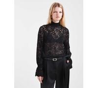Pieces - Top accollato in pizzo nero con polsini a volant L