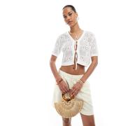 Pieces - Top all'uncinetto color crema a fiori e scacchi allacciato sul davanti-Bianco XS