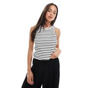Pieces - Top bianco e nero a righe a coste con scollo a vogatore XS