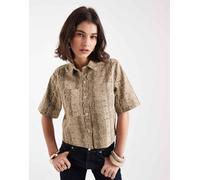 Pieces - Top corto a maniche corte in denim con stampa pitonata-Multicolore S