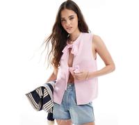 Pieces - Top in maglia rosa chiaro allacciato sul davanti XS