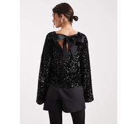 Pieces - Top nero con apertura sulla schiena, paillettes e fiocco in raso XL