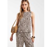 Pieces - Top plissé marrone animalier senza maniche con scollo a barchetta in coordinato S