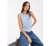 Pieces - Top plissé senza maniche con scollo a barchetta e stampa a fiori blu S