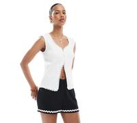 Pieces - Top senza maniche a coste bianco con finiture in pizzo e bottoni L