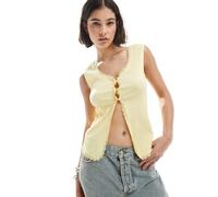 Pieces - Top senza maniche color banana pallido a coste con finiture in pizzo e bottoni sul davanti-Giallo M