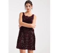 Pieces - Vestito a trapezio corto double-face bordeaux con paillettes e scollo dritto-Rosso XS