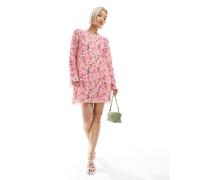Pieces - Vestito corto a maniche lunghe plissé rosa a fiori S