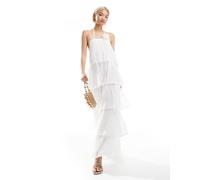 Pieces - Vestito lungo a balze bianco con volant e dettaglio floreale XXL