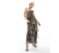 Pieces - Vestito lungo a balze con volant, dettaglio floreale e stampa leopardata-Marrone M