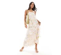Pieces - Vestito lungo a balze rosa pallido a fiori con volant e decorazione a forma di fiore M