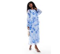 Pieces - Vestito lungo a maniche lunghe blu pallido a fiori con volant-Giallo XS