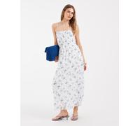 Pieces - Vestito lungo a punto smock in pizzo blu a fiorellini con spalline sottili-Bianco L