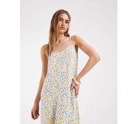 Pieces - Vestito lungo con spalline sottili blu e giallo con stampa di limoni XL