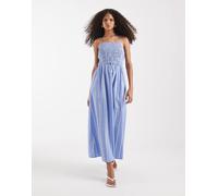 Pieces - Vestito lungo con spalline sottili in cotone arricciato blu e bianco a righe XL