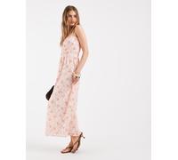 Pieces - Vestito lungo con spalline sottili in pizzo rosa punto smock a fiorellini XL