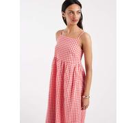 Pieces - Vestito lungo con spalline sottili in seersucker rosa e rosso a quadretti-Multi XL