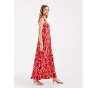 Pieces - Vestito lungo plissé con maniche con volant rosa e rosso a fiori XL
