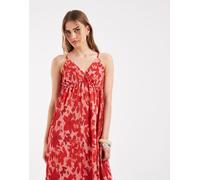 Pieces - Vestito lungo plissé con spalline sottili a portafoglio rosa e rosso a fiori L