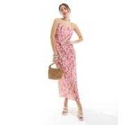 Pieces - Vestito lungo plissé rosa con stampa a fiori e scollo ad anello M