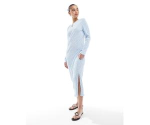 Pieces - Vestito midi plissé a maniche lunghe blu a fiorellini L