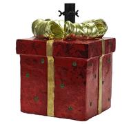 Piede per albero di natale verde o innevato forma pacco regalo rosso con fiocco