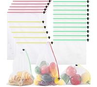 PIEMEET Confezione da 20 sacchetti riutilizzabili in rete, lavabili, resistenti, per frutta e verdura, trasparenti, con coulisse, per frutta, verdura, frigorifero, giocattoli, 3 misure