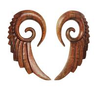 Pierced Owl Spine coniche a spirale intagliate a mano, in legno organico, con ali d'angelo, vendute in coppia, Legno, Senza pietra