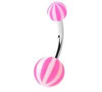 Piercing da ombelico a forma di palla da spiaggia in acrilico con asta in acciaio chirurgico. Dimensioni: calibro 1,6 mm, lunghezza 8 mm, rosa con bianco. Piercing a barretta estivo. Scheda delle