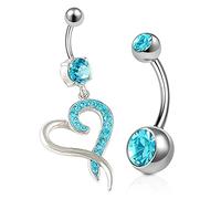 Piercing per ombelico in acciaio chirurgico, 2 pezzi, 14 g, 10 mm, a forma di cuore, con cristalli, stile sexy, Acciaio inossidabile, cristallo, acciaio