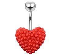 Piercing per ombelico in acciaio chirurgico 316L con perle rosse incastonate su cuore 12 mm calibro 14