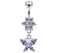 Piercing per ombelico in argento Sterling 925 con fiore tempestato di zirconi e farfalla, Cristallo, Zirconia cubica