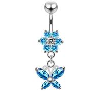 Piercing per ombelico in argento Sterling 925 con fiore tempestato di zirconi e farfalla, zirconia cubica