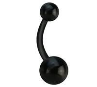 Piercing per ombelico in bioflex nero con sfere in acrilico. Dimensioni: calibro 1,6 mm, lunghezza 12 mm, sfere da 5 mm e 8 mm. Barbell, perno, anello, piercing. Scheda delle misure TDi Jewellery