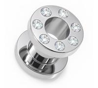 PIERCINGO Flesh tunnel con zirconi da 1,2 - 20 mm in acciaio inox 316 L, piercing a tunnel, doppio svasato, filo a vite con strass, bianco trasparente, 8 mm, Acciaio chirurgico 316L, acciaio