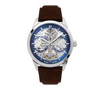 Pierre Lannier Orologio scheletrato automatico Monarck argento/blu cinturino pelle marrone 22 mm